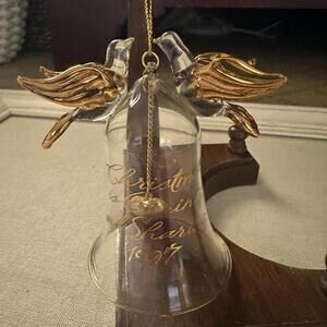 Vintage 1998 crystal bell with gold doves, and gold writing and heart clapper.